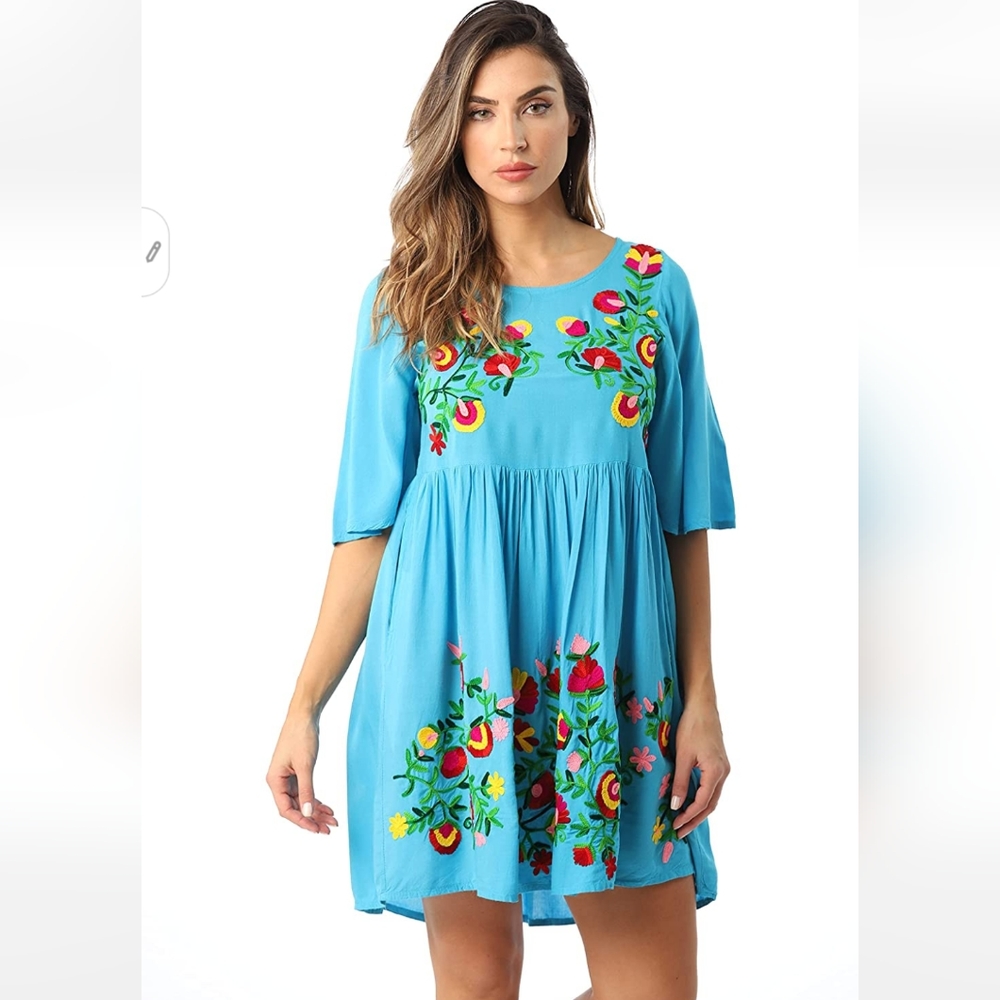 Riviera Sun Dress L Turquoise Embroidered Floral Babydoll With Side Seam Pockets